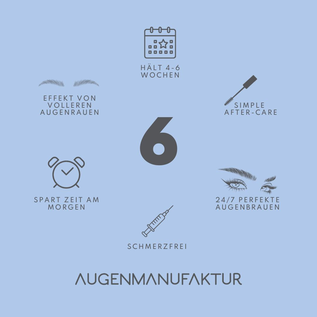 6 Vorteile: Hält 4 bis 6 Wochen, Simple After Care, 24/7 perfekte Augenbrauen, Schmerzfrei, Spart Zeit am Morgen, Effekt von volleren Augenbrauen