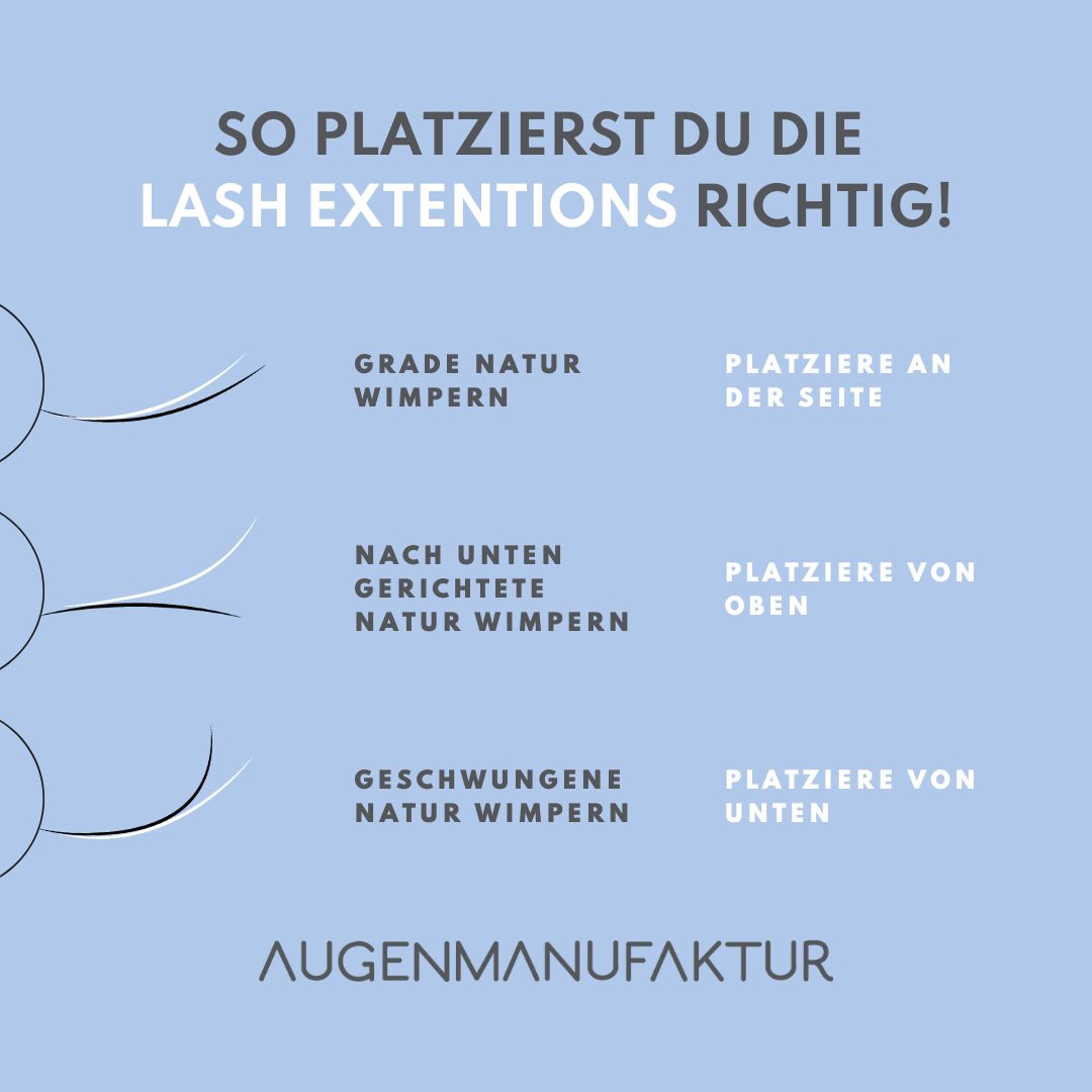 Darstellung wie man Lash Extentions anbringen sollte bei verschiedenen Wimpern