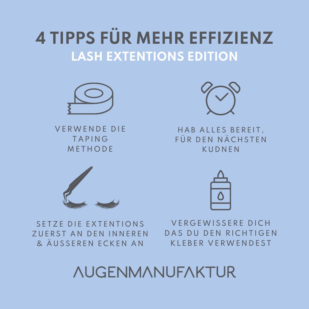 Verwende die taping Methode, hab alles bereit für die nächste Kundin, Lash Extentions zuerst von innen und außen ansetzen, benutzen den richtigen Kleber